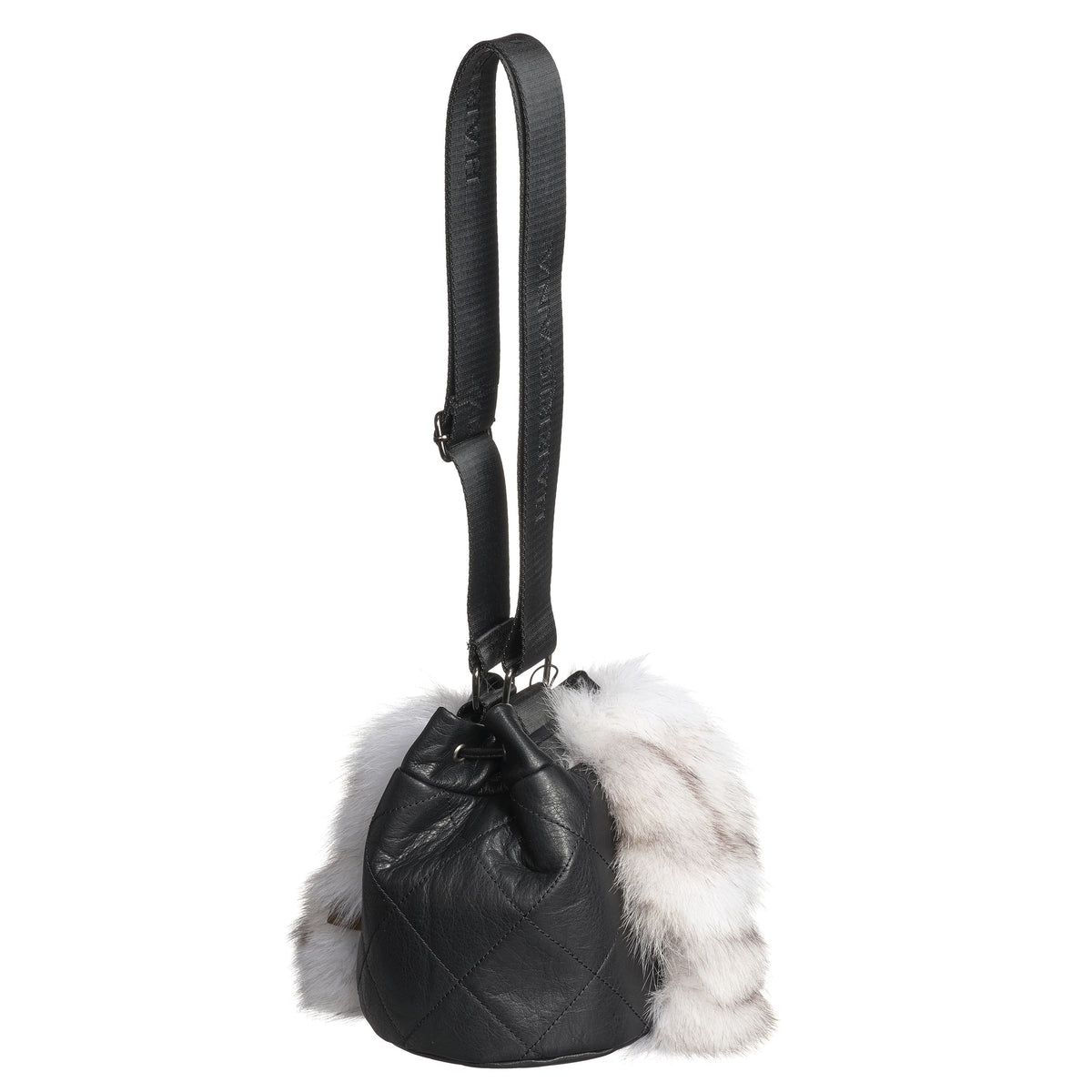 GABBIE F - LEATHER DRAW CORD POUCH BAG W UPCYCLED FUR
