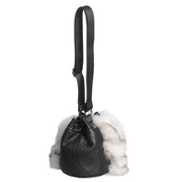 GABBIE F - LEATHER DRAW CORD POUCH BAG W UPCYCLED FUR