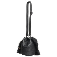 GABBIE F - LEATHER DRAW CORD POUCH BAG W UPCYCLED FUR