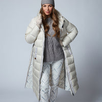 LONG A-LINE DOWN COAT WITH UPCYCLED FUR