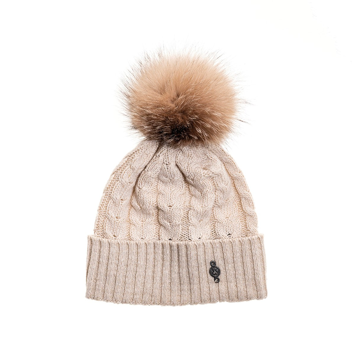 RECYCLED CASHMERE CABLE BEANIE WITH UPCYCLED FUR POM GOLF  0900 BEIGE O/S  